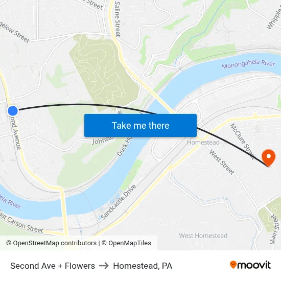 Second Ave + Flowers to Homestead, PA map