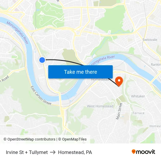 Irvine St + Tullymet to Homestead, PA map