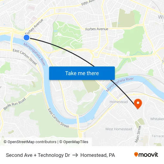 Second Ave + Technology Dr to Homestead, PA map