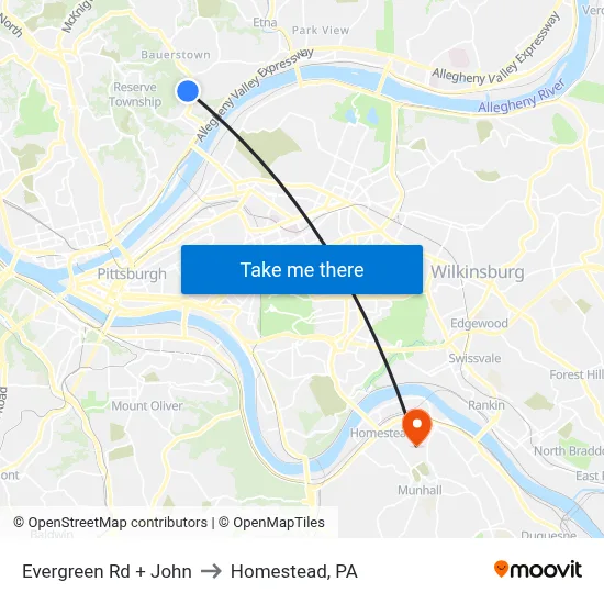Evergreen Rd + John to Homestead, PA map