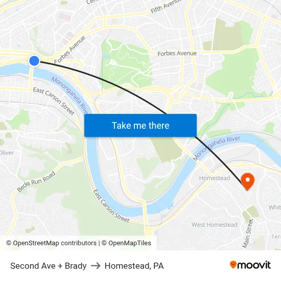 Second Ave + Brady to Homestead, PA map