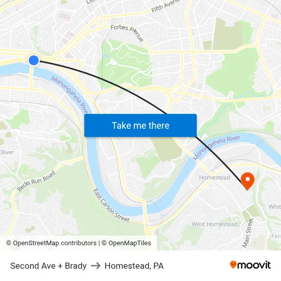 Second Ave + Brady to Homestead, PA map