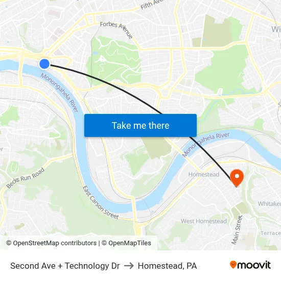 Second Ave + Technology Dr to Homestead, PA map