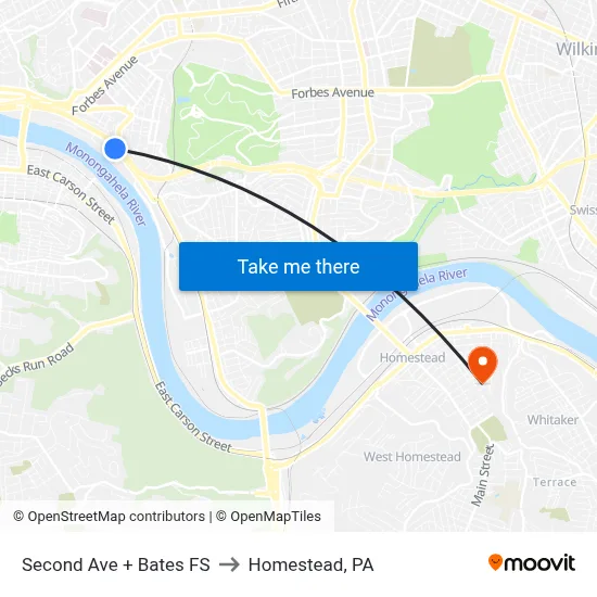 Second Ave + Bates FS to Homestead, PA map