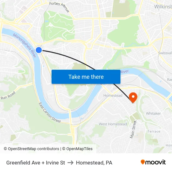 Greenfield Ave + Irvine St to Homestead, PA map