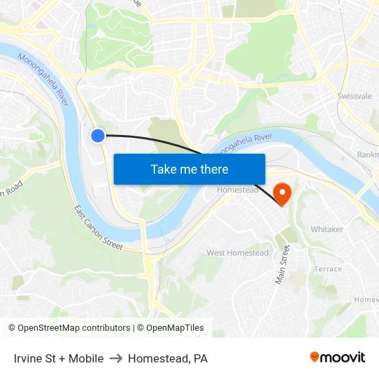 Irvine St + Mobile to Homestead, PA map