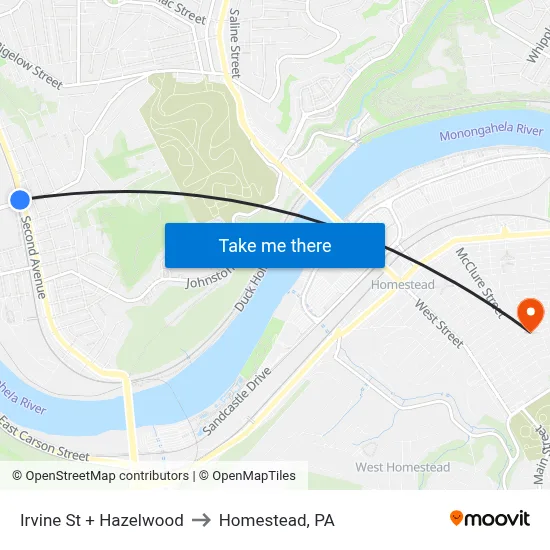 Irvine St + Hazelwood to Homestead, PA map