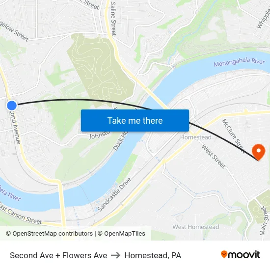 Second Ave + Flowers Ave to Homestead, PA map