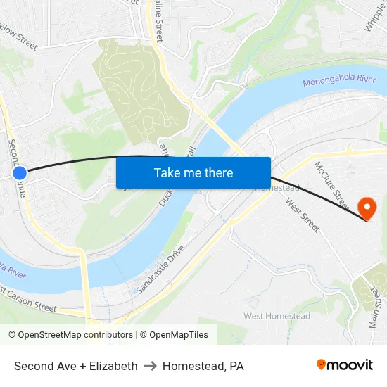 Second Ave + Elizabeth to Homestead, PA map