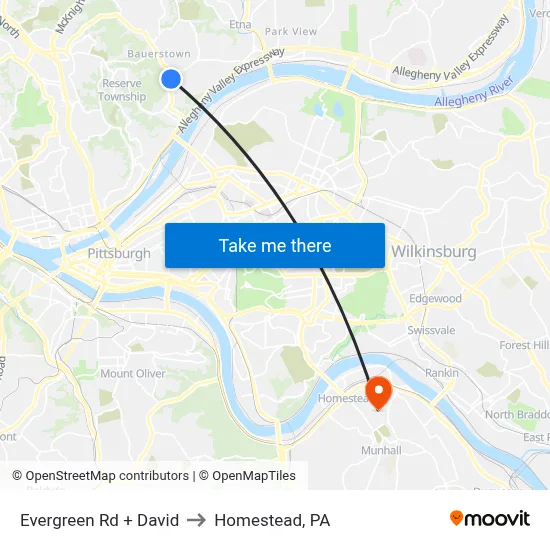 Evergreen Rd + David to Homestead, PA map