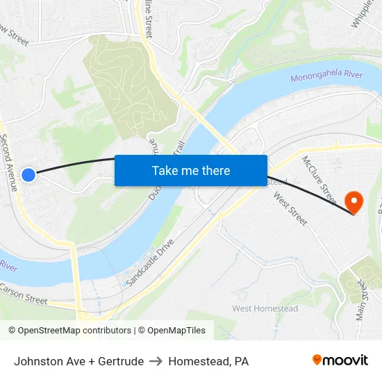 Johnston Ave + Gertrude to Homestead, PA map