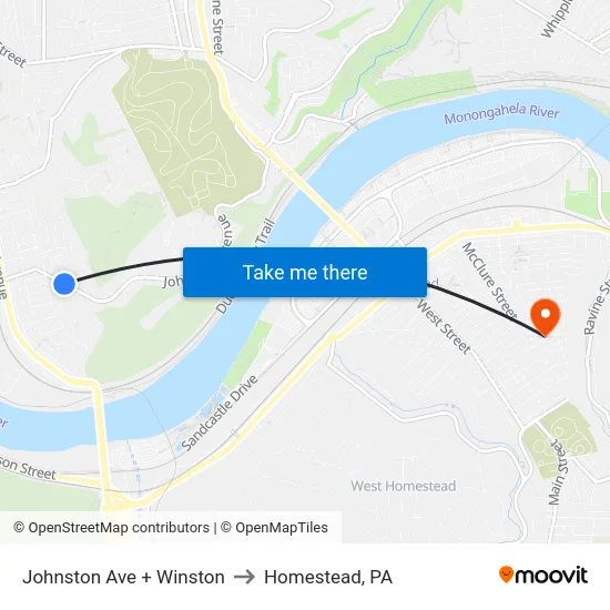 Johnston Ave + Winston to Homestead, PA map