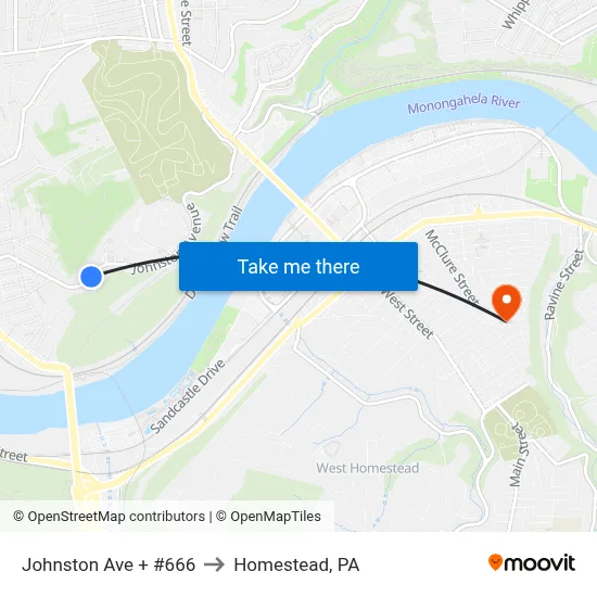 Johnston Ave + #666 to Homestead, PA map