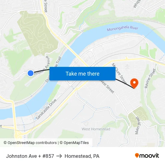 Johnston Ave + #857 to Homestead, PA map