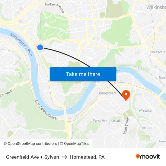Greenfield Ave + Sylvan to Homestead, PA map