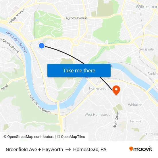 Greenfield Ave + Hayworth to Homestead, PA map
