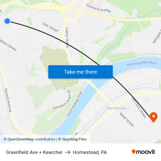 Greenfield Ave + Kearcher to Homestead, PA map