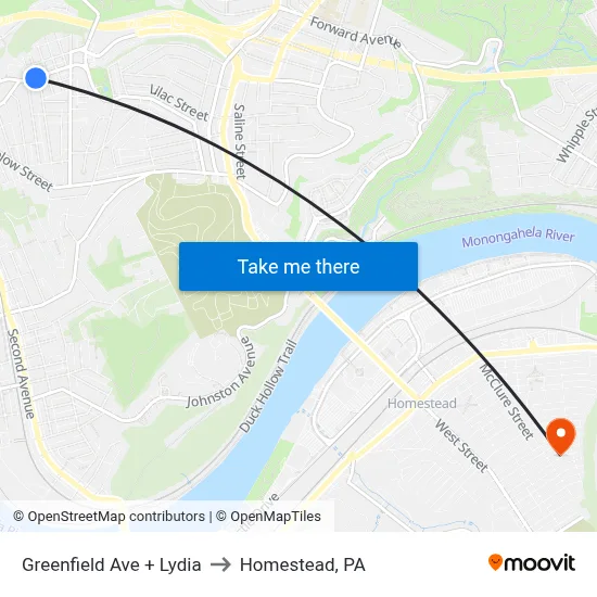Greenfield Ave + Lydia to Homestead, PA map
