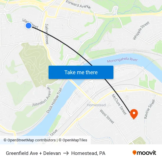 Greenfield Ave + Delevan to Homestead, PA map