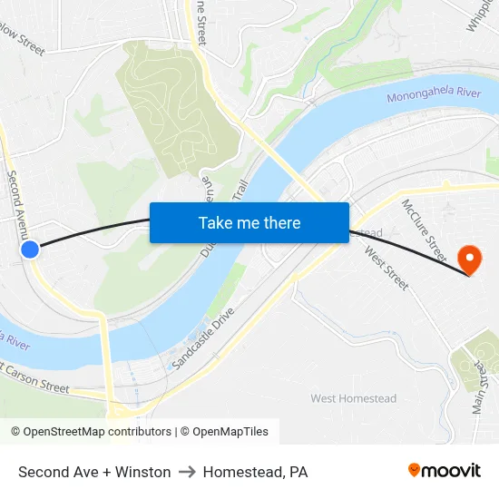 Second Ave + Winston to Homestead, PA map