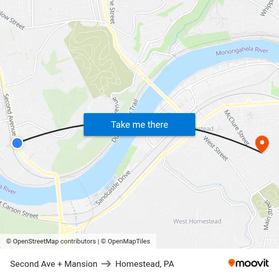 Second Ave + Mansion to Homestead, PA map
