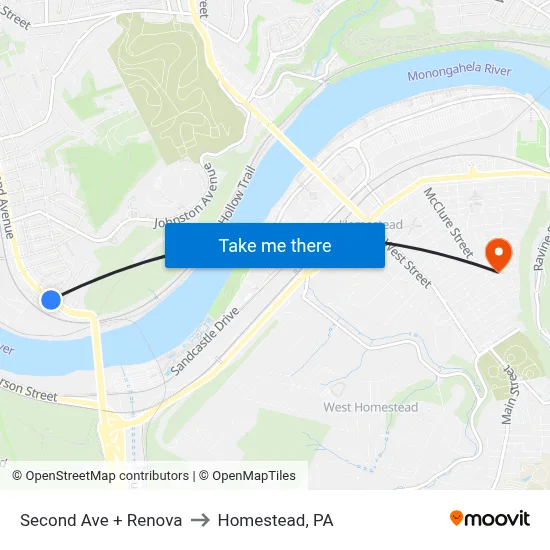 Second Ave + Renova to Homestead, PA map