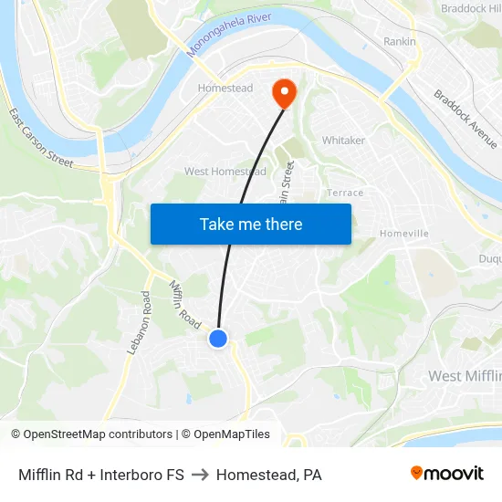 Mifflin Rd + Interboro FS to Homestead, PA map