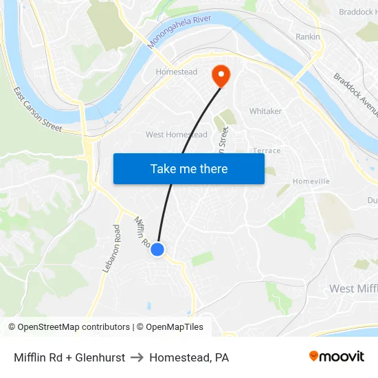 Mifflin Rd + Glenhurst to Homestead, PA map