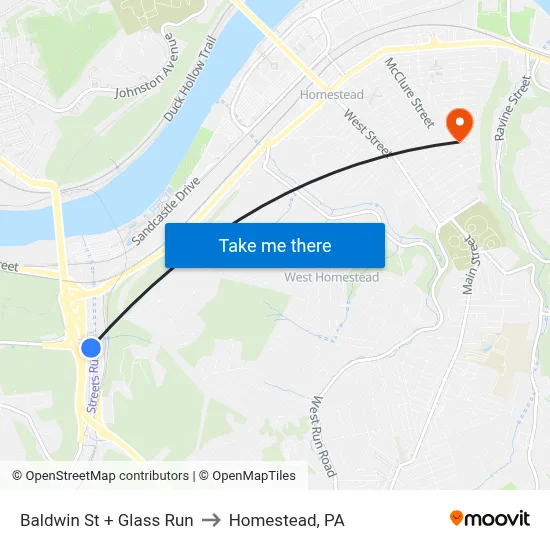 Baldwin St + Glass Run to Homestead, PA map