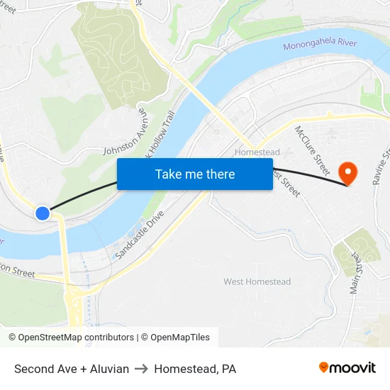 Second Ave + Aluvian to Homestead, PA map