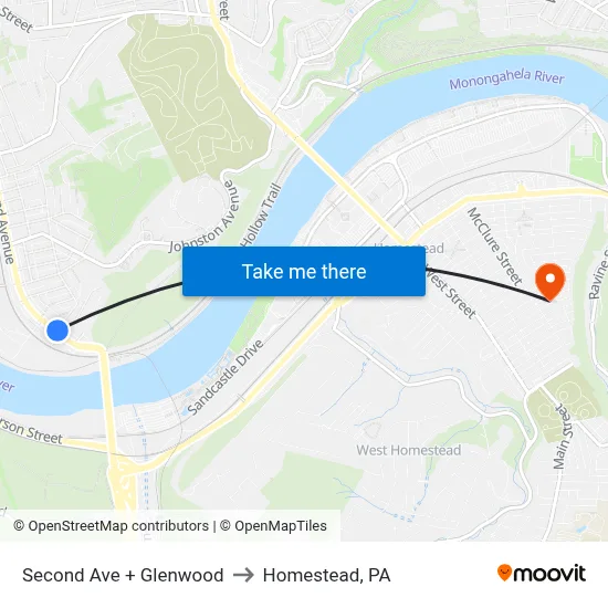Second Ave + Glenwood to Homestead, PA map