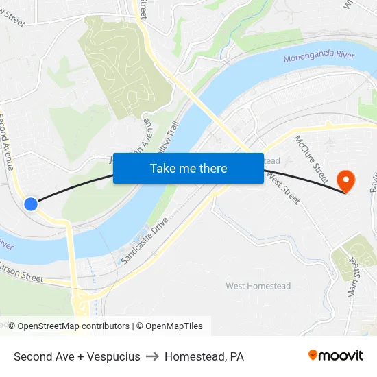 Second Ave + Vespucius to Homestead, PA map