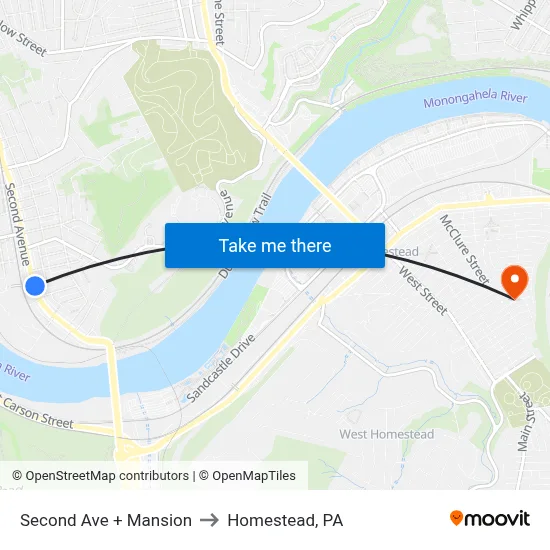 Second Ave + Mansion to Homestead, PA map