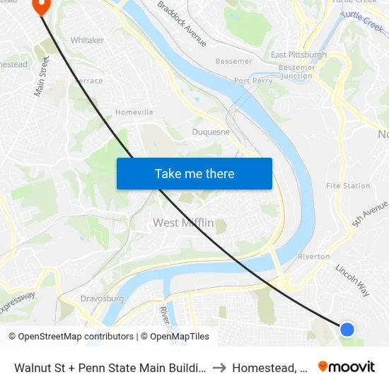 Walnut St + Penn State Main Building to Homestead, PA map