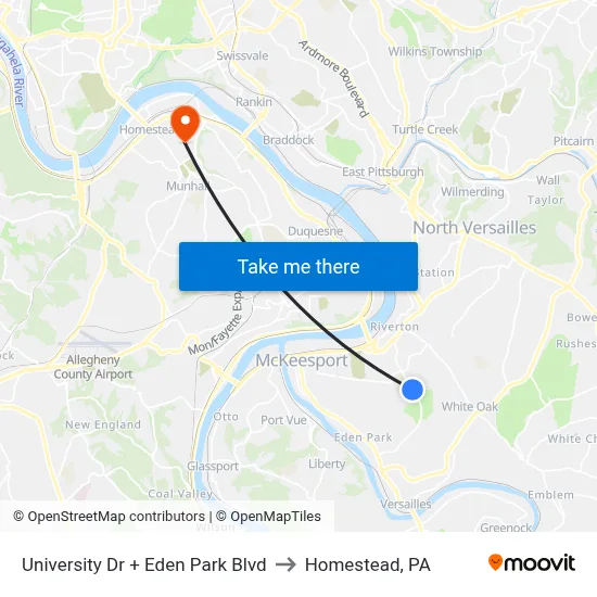 University Dr + Eden Park Blvd to Homestead, PA map