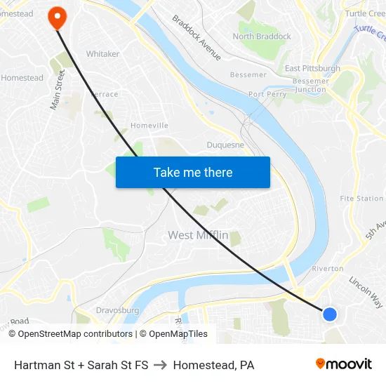 Hartman St + Sarah St FS to Homestead, PA map