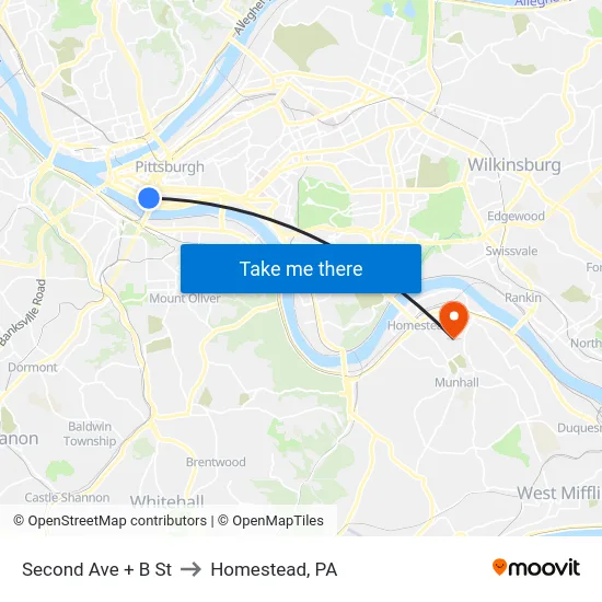 Second Ave + B St to Homestead, PA map