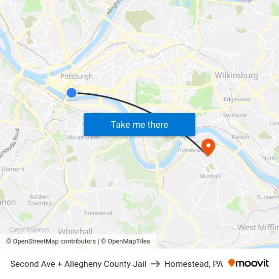 Second Ave + Allegheny County Jail to Homestead, PA map