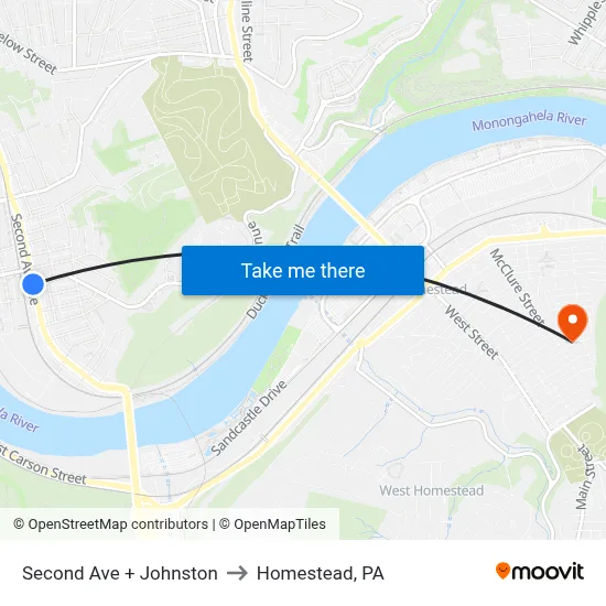Second Ave + Johnston to Homestead, PA map