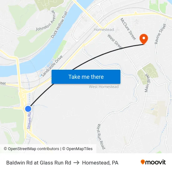 Baldwin Rd at Glass Run Rd to Homestead, PA map