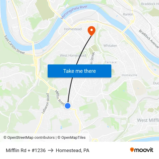 Mifflin Rd + #1236 to Homestead, PA map