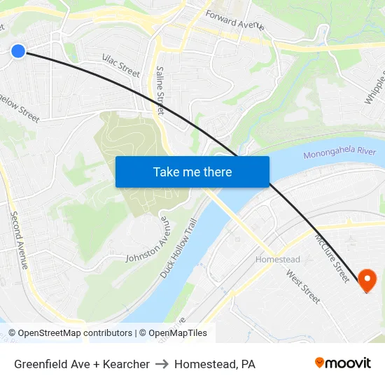 Greenfield Ave + Kearcher to Homestead, PA map