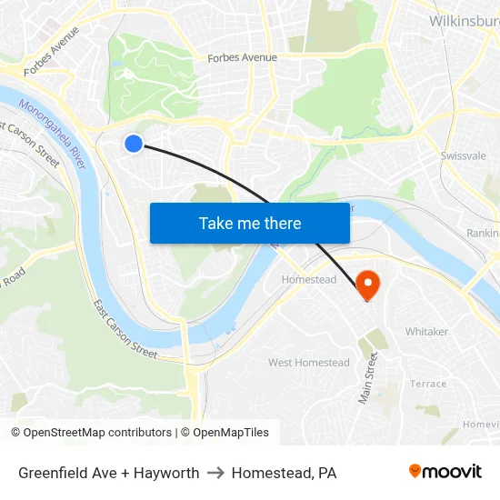 Greenfield Ave + Hayworth to Homestead, PA map