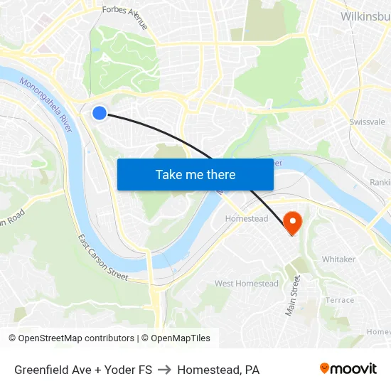 Greenfield Ave + Yoder FS to Homestead, PA map