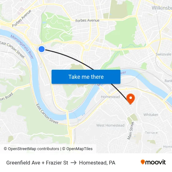 Greenfield Ave + Frazier St to Homestead, PA map