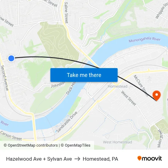 Hazelwood Ave + Sylvan Ave to Homestead, PA map