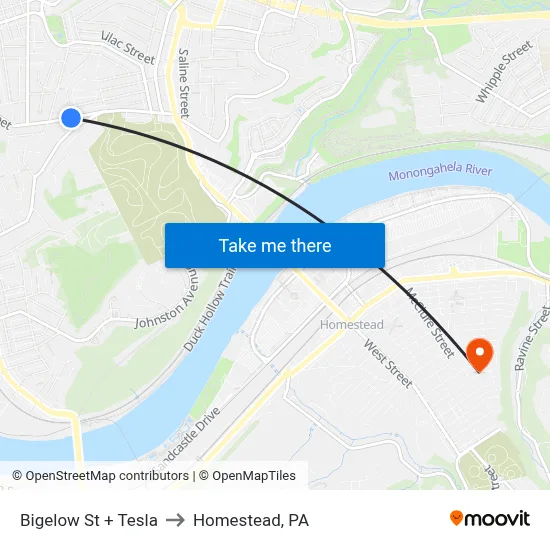 Bigelow St + Tesla to Homestead, PA map