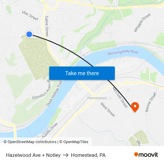 Hazelwood Ave + Notley to Homestead, PA map