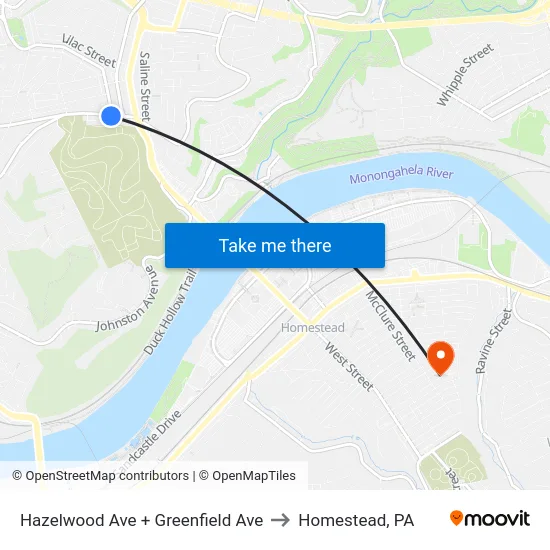 Hazelwood Ave + Greenfield Ave to Homestead, PA map