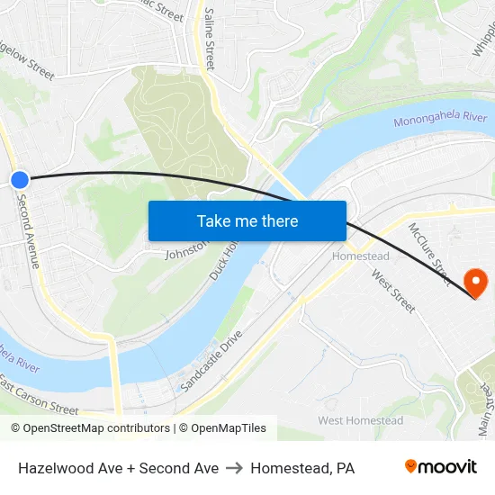 Hazelwood Ave + Second Ave to Homestead, PA map